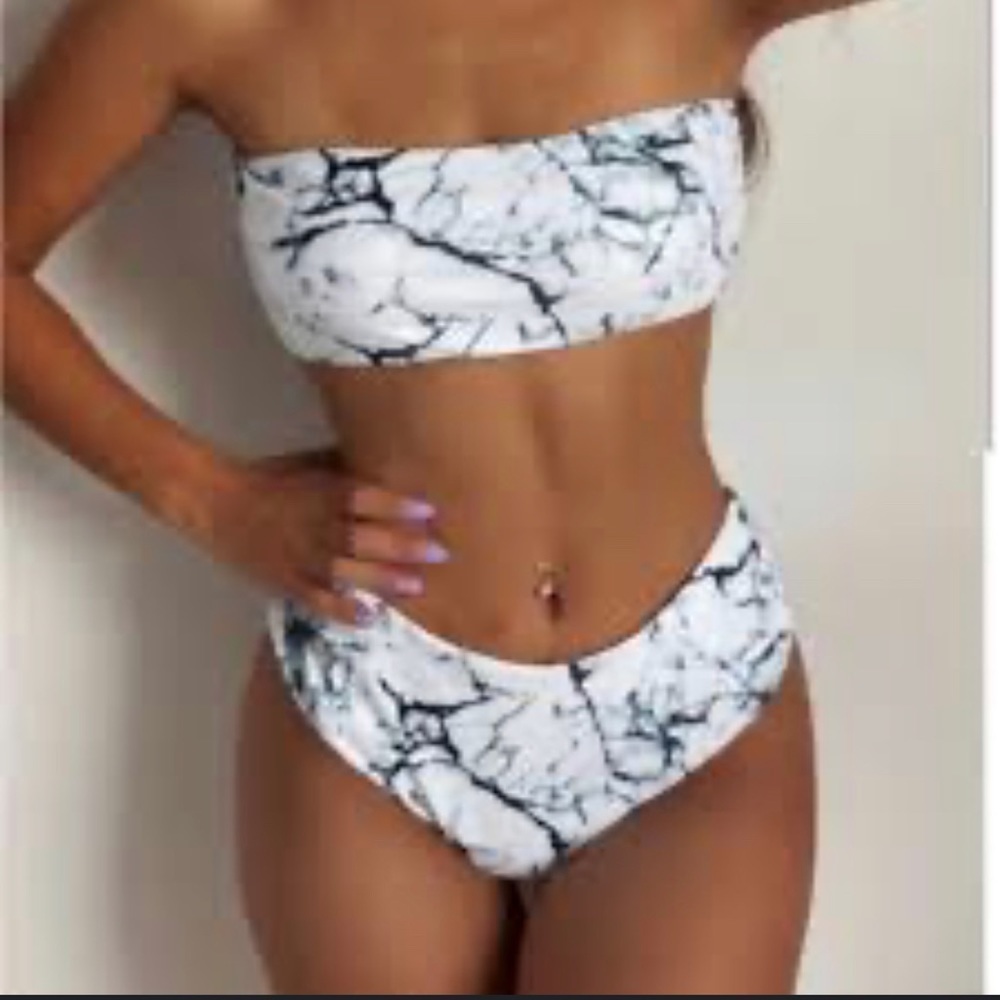 ZAFUL Green Marble Print High Waisted Bandeau Polyamid Bikini Set EUC Size 8